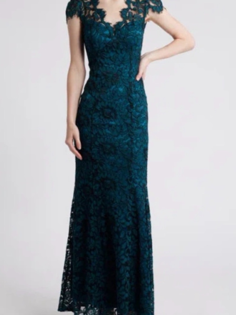 Eliza J Elegant Teal Lace Evening Gown - V-Neck Cap Sleeve
